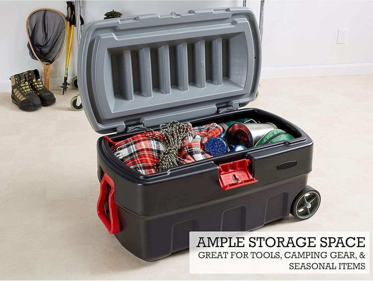 ActionPacker 35-Gallon Lockable Storage Bin with Wheels – Rugged Plastic Container for Outdoor, Camping & Truck Bed (Gray/Black)