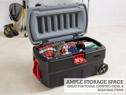 ActionPacker 35-Gallon Lockable Storage Bin with Wheels – Rugged Plastic Container for Outdoor, Camping & Truck Bed (Gray/Black)