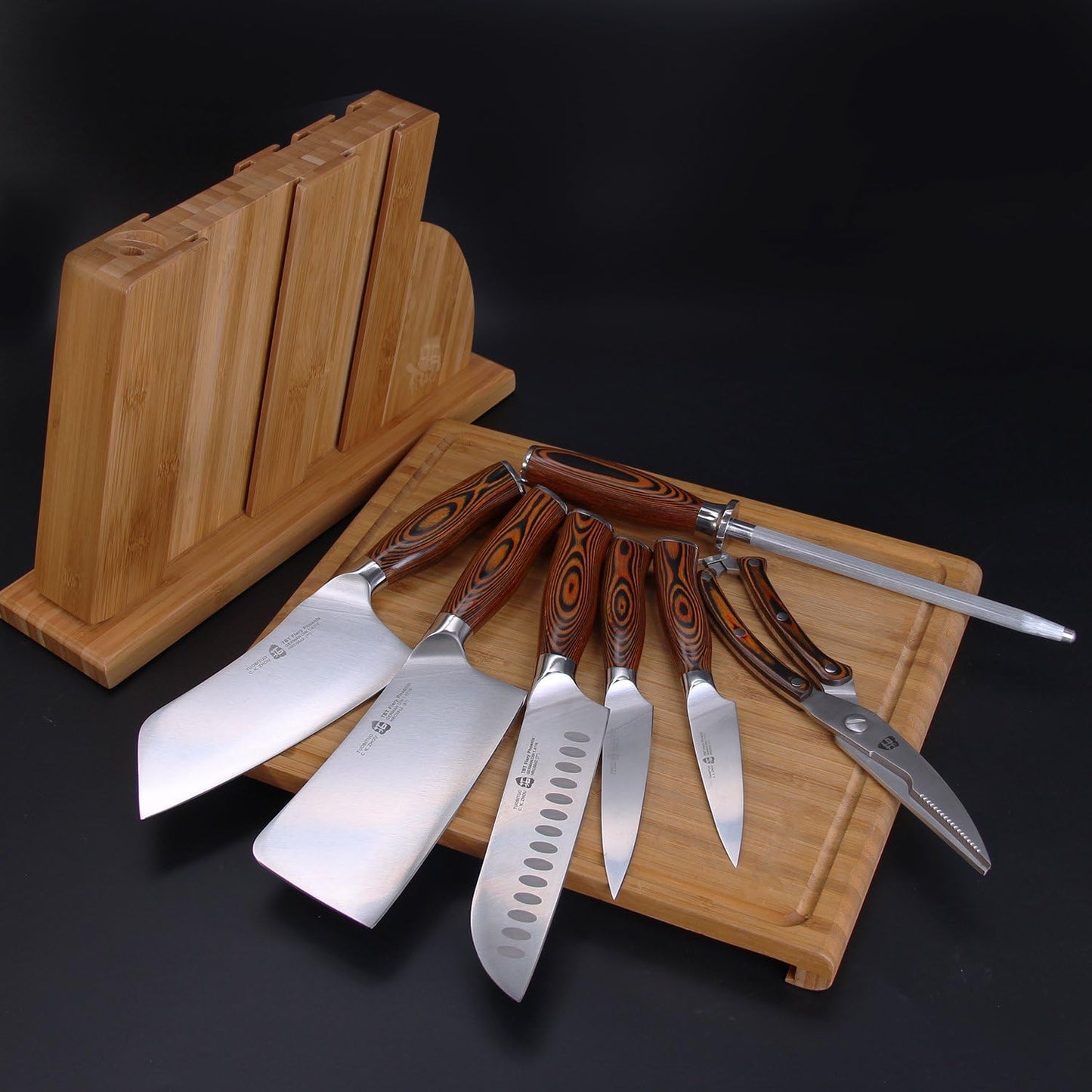 8-Piece Kitchen Knife Set – Forged German X50CrMoV15 Steel, Full Tang, Pakkawood Handles & Wooden Block (Fiery Phoenix Series)