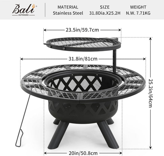32" Outdoor Wood Burning Fire Pit – Includes Poker & Grill, Perfect for Patio or Backyard