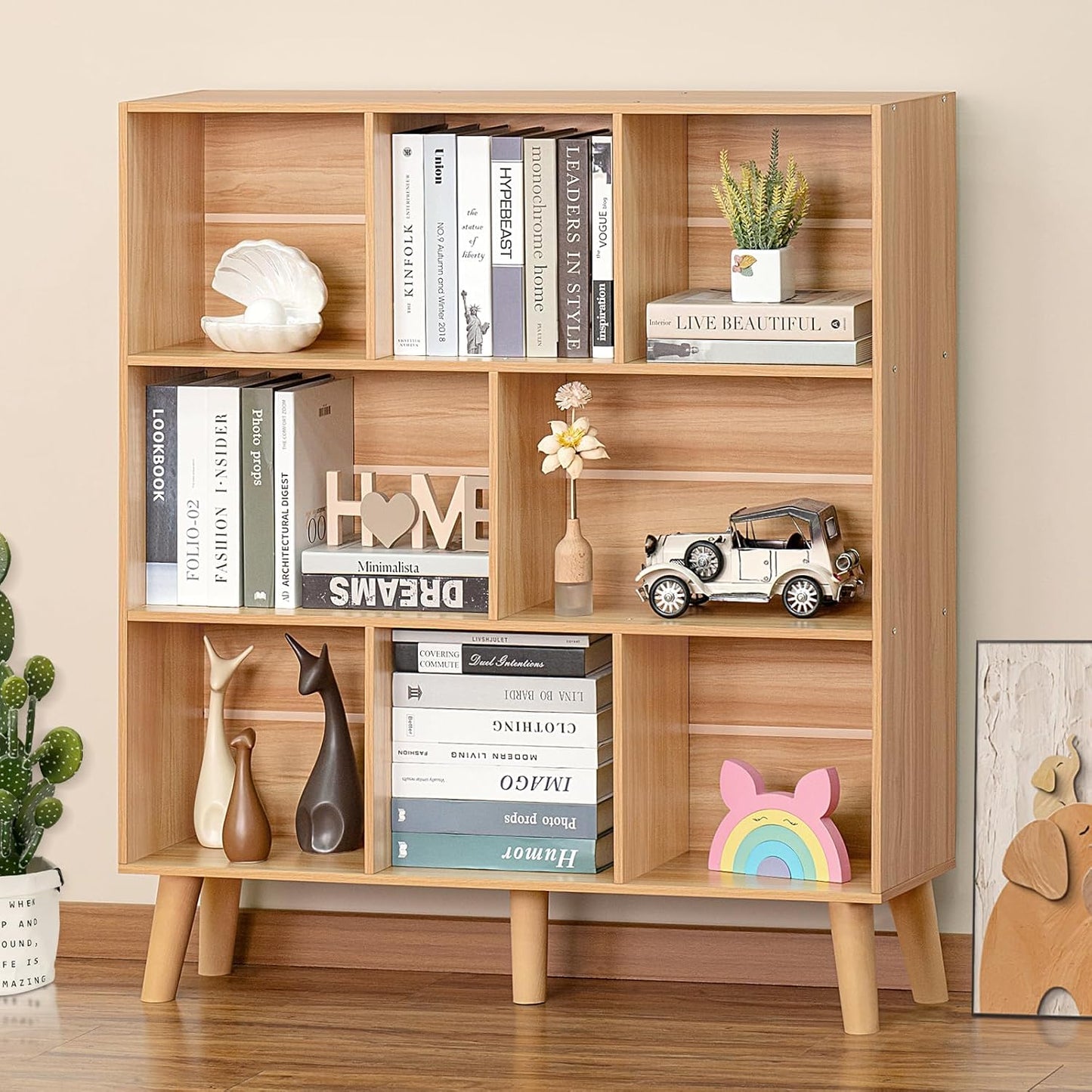 3-Tier Cube Bookshelf with Legs – Modern Boho Open Storage Organizer for Home or Office