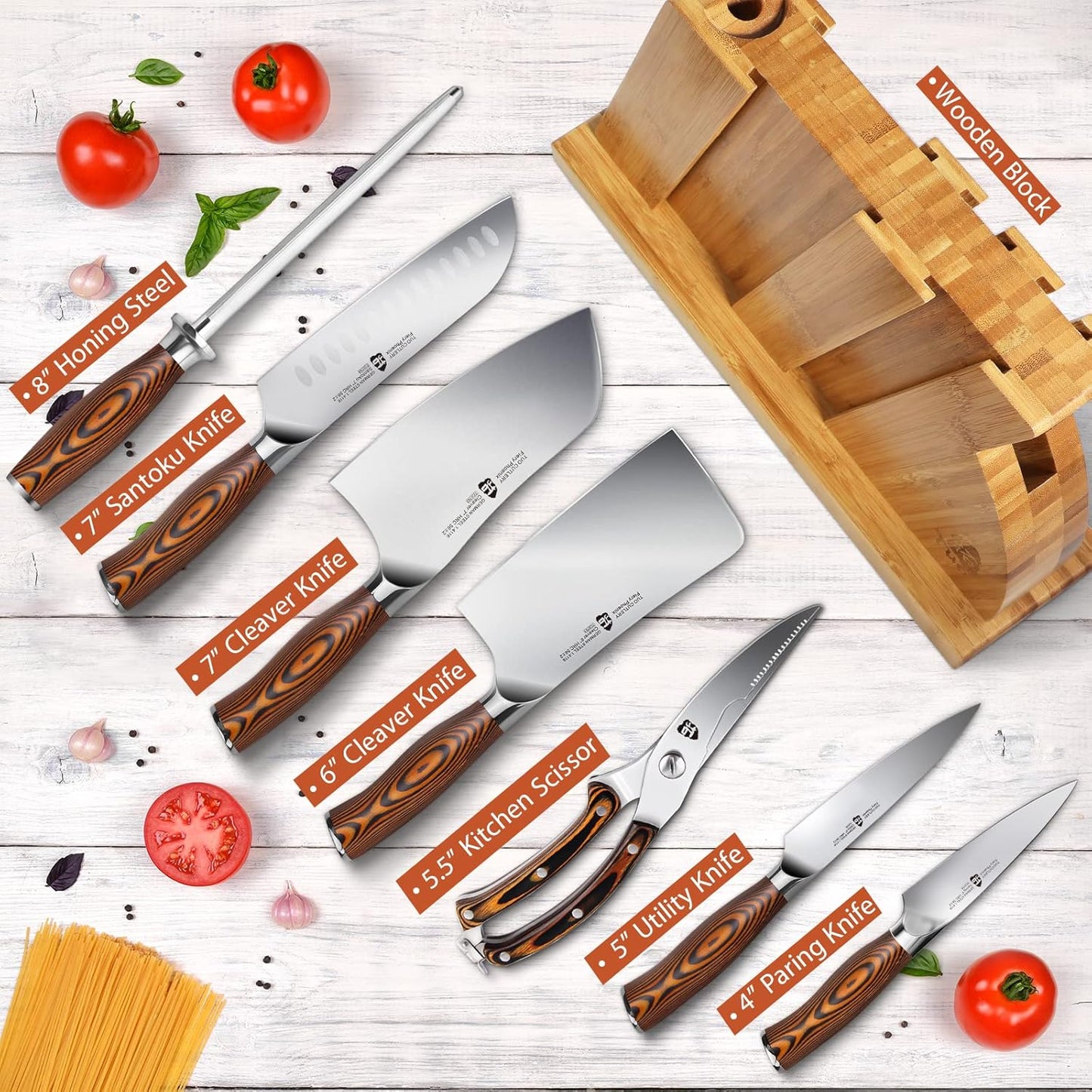 8-Piece Kitchen Knife Set – Forged German X50CrMoV15 Steel, Full Tang, Pakkawood Handles & Wooden Block (Fiery Phoenix Series)