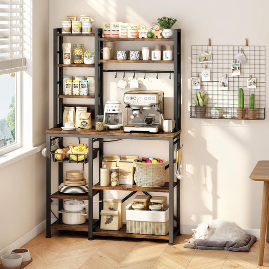 Baker Rack with Power Outlet – Microwave Stand & Coffee Bar Station with 14 Hooks, Metal Storage Shelf (Rustic Brown)