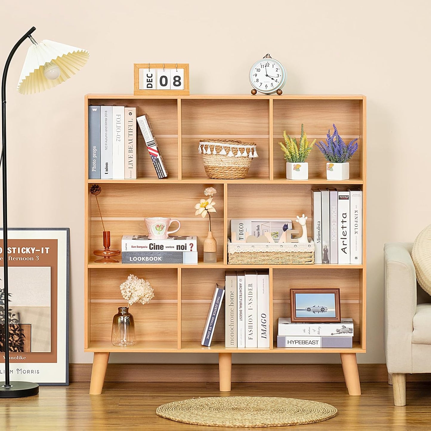 3-Tier Cube Bookshelf with Legs – Modern Boho Open Storage Organizer for Home or Office