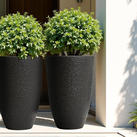 9-Gallon Tall Round Planter Set of 2 – 14" Dia x 21" H Beige Stone Finish, Unbreakable Indoor/Outdoor Pots