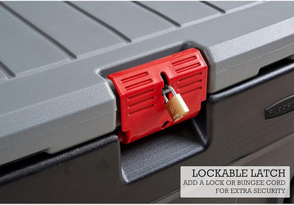 ActionPacker 35-Gallon Lockable Storage Bin with Wheels – Rugged Plastic Container for Outdoor, Camping & Truck Bed (Gray/Black)