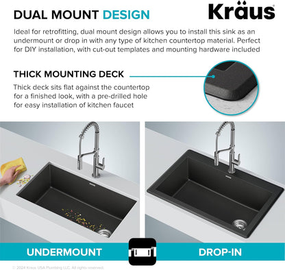 Granite Single Bowl Sink – 32" Black Undermount Design