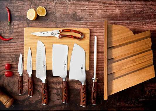 8-Piece Kitchen Knife Set – Forged German X50CrMoV15 Steel, Full Tang, Pakkawood Handles & Wooden Block (Fiery Phoenix Series)