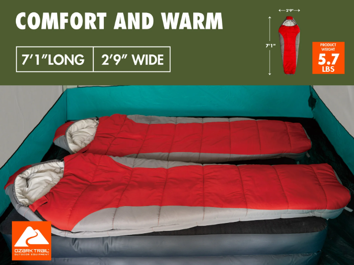 (2 pack) Ozark Trail 10-Degree Cold Weather Mummy Sleeping Bag with Soft Liner, Red, 85"x33"