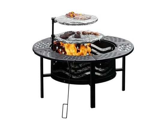 TrumanPick Fire Pit for Outside " Wood Burning Fire Pit Tables with 2 Adjustable Swivel BBQ Grills, Lid, Poker for Patio Backyard BBQ Ice Storage