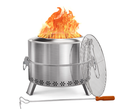 19" Smokeless Fire Pit for Outside, Stainless Steel Wood Burning Fire Pit with Foldable Legs, Grill, Poker, Carry Bag