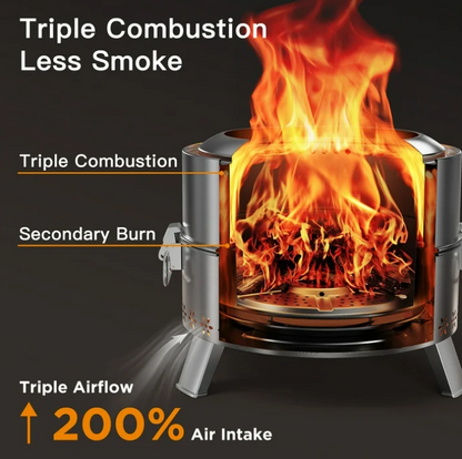 19" Smokeless Fire Pit for Outside, Stainless Steel Wood Burning Fire Pit with Foldable Legs, Grill, Poker, Carry Bag