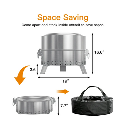 19" Smokeless Fire Pit for Outside, Stainless Steel Wood Burning Fire Pit with Foldable Legs, Grill, Poker, Carry Bag