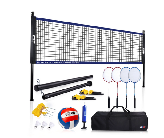 GSE Games & Sports Expert Recreational Portable Badminton Volleyball Net Combo Set. Including Net,Volleyball,4 Badminton Rackets, 3 Birds and Carry Bag for Park,Backyard,Lawn
