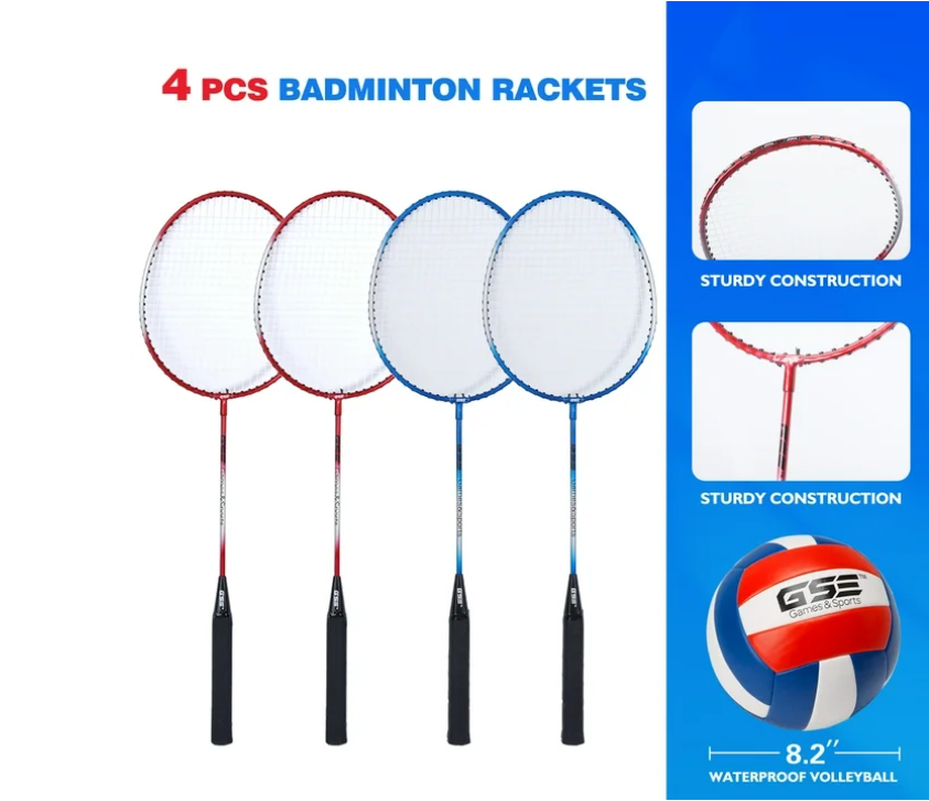 GSE Games & Sports Expert Recreational Portable Badminton Volleyball Net Combo Set. Including Net,Volleyball,4 Badminton Rackets, 3 Birds and Carry Bag for Park,Backyard,Lawn