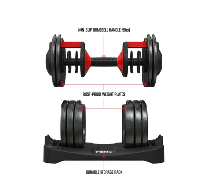 FitRx SmartBell, Quick-Select Adjustable Dumbbell for Home Gym, 5-52.5 lbs. Weight, Black, Single
