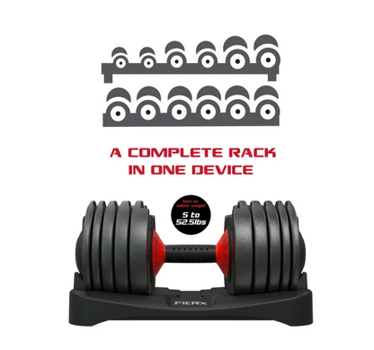 FitRx SmartBell, Quick-Select Adjustable Dumbbell for Home Gym, 5-52.5 lbs. Weight, Black, Single