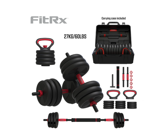 FitRx SmartBell Gym, 60 lbs. 4-in-1 Adjustable Interchangeable Dumbbell, Barbell, and Kettlebell Weight Set, Black