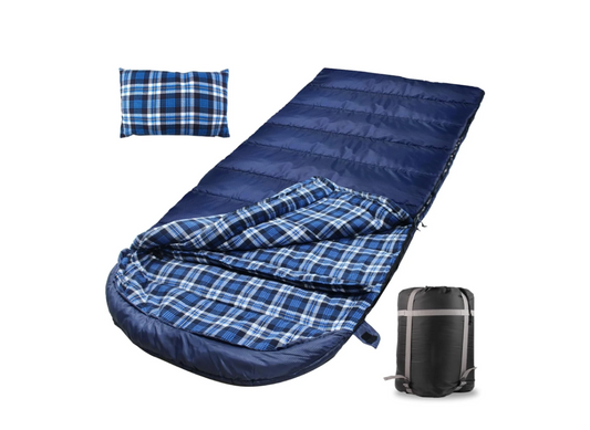 0 Degree Sleeping Bag 100% Cotton Flannel XXL for Adults 4 Season Big and Tall Cold Weather Winter Zero Degree Camping Sleeping Bag with Pillow and Compression Sack (Right Zippers)）