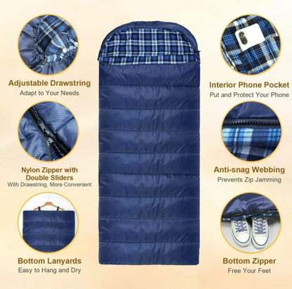0 Degree Sleeping Bag 100% Cotton Flannel XXL for Adults 4 Season Big and Tall Cold Weather Winter Zero Degree Camping Sleeping Bag with Pillow and Compression Sack (Right Zippers)）