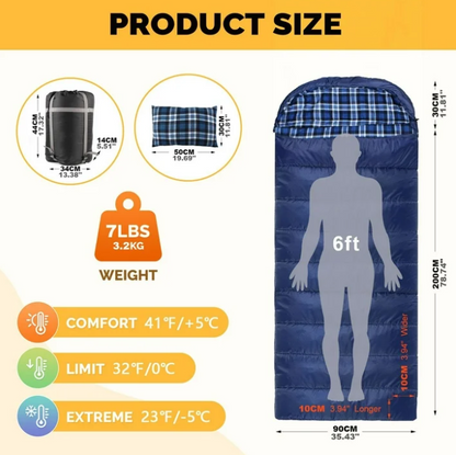 0 Degree Sleeping Bag 100% Cotton Flannel XXL for Adults 4 Season Big and Tall Cold Weather Winter Zero Degree Camping Sleeping Bag with Pillow and Compression Sack (Right Zippers)）