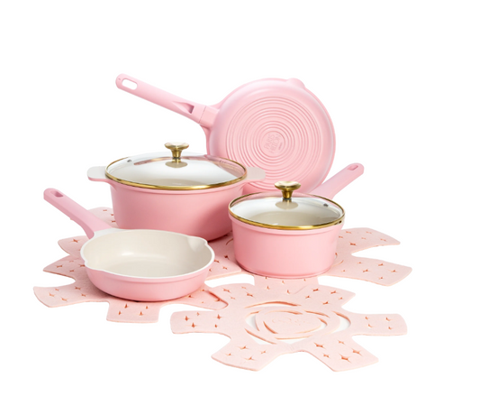 Paris Hilton Clean Ceramic Nonstick Cast Aluminum Cookware Set with Heart Shaped Lid Knobs, 10 Piece, Pink