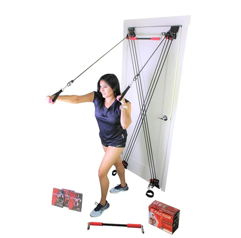 X Factor Door Gym Complete Home Fitness Set with the Straight Bar, DVD, and Workout Chart. For a full-body Workout at Home Gym