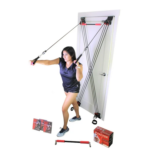 X Factor Door Gym Complete Home Fitness Set with the Straight Bar, DVD, and Workout Chart. For a full-body Workout at Home Gym