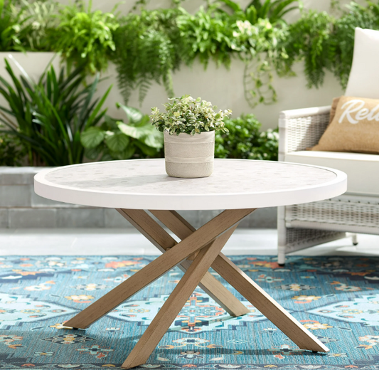 Better Homes & Gardens Paige Weather-Resistant Steel and Tile 37" Round Outdoor Coffee Table, Beige