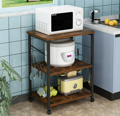 UBesGoo Kitchen Utility Cart, Microwave Table Stand, Rolling Small Kitchen Coffee Cart Organizer with Metal Frame, Vintage/Black