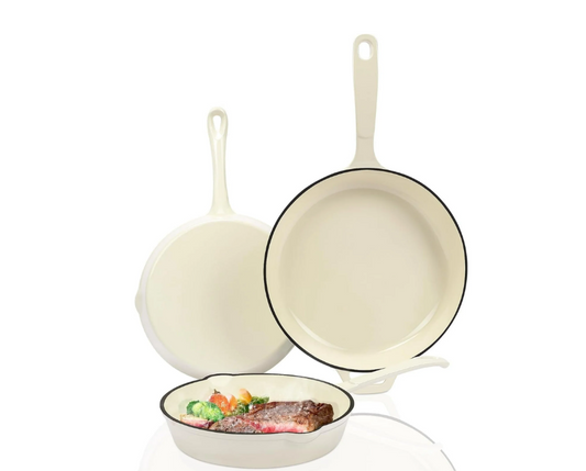 Enameled Cast Iron Frying Pan Set, 3 Piece Set of Skillets Nonstick Fry Pan Cookware Set, Nontoxic Ceramic Coated, Gas/Induction/Electric/Oven Compatible, Cream White