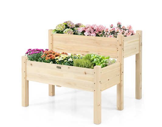 Gymax 2 Tier Wooden Raised Garden Bed Elevated Planter Box w/Legs Drain Holes
