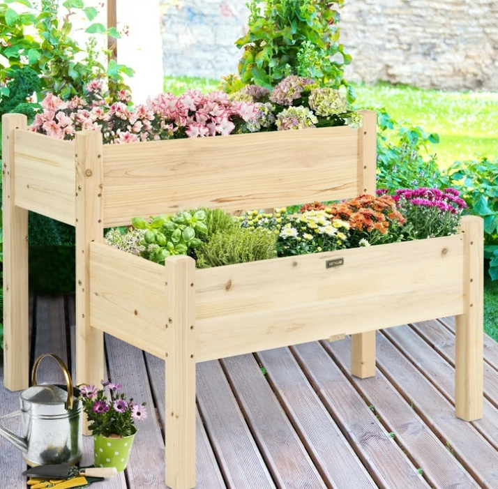Gymax 2 Tier Wooden Raised Garden Bed Elevated Planter Box w/Legs Drain Holes