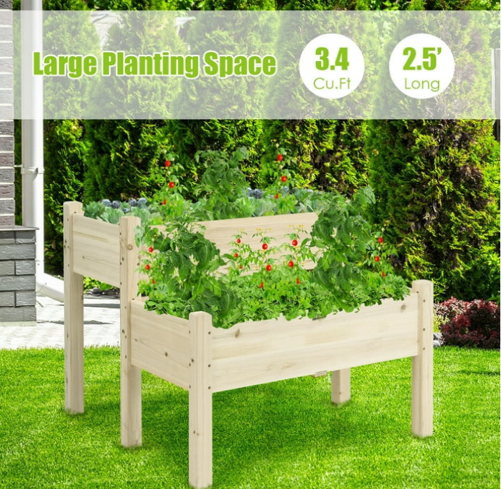 Gymax 2 Tier Wooden Raised Garden Bed Elevated Planter Box w/Legs Drain Holes