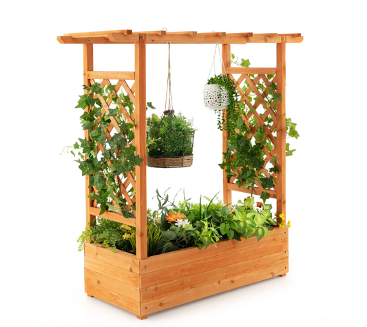 Gymax Raised Garden Bed Planter Box w/ Side & Top Trellis for Vine Climbing Plants