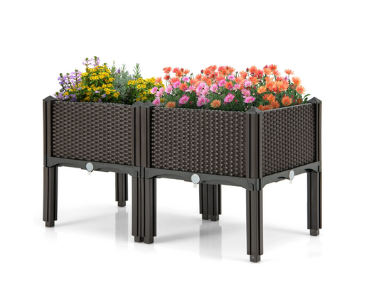 Gymax Elevated Plastic Raised Garden Bed Planter Kit for Flower Vegetable Grow 2 Set