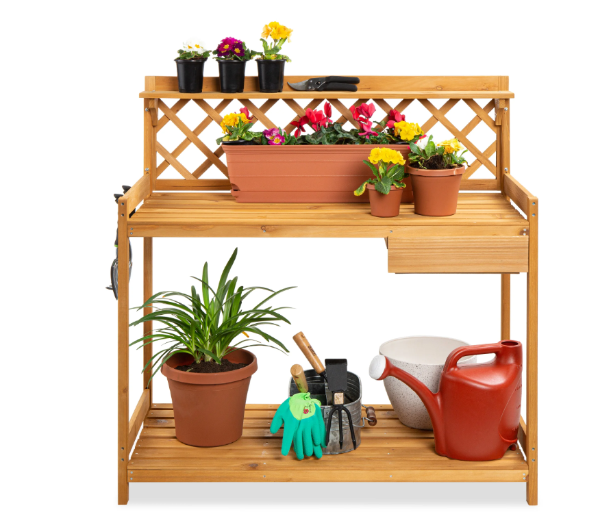 Best Choice Products Outdoor Wooden Garden Potting Bench, Workstation Table w/ Cabinet Drawer, Open Shelf - Natural