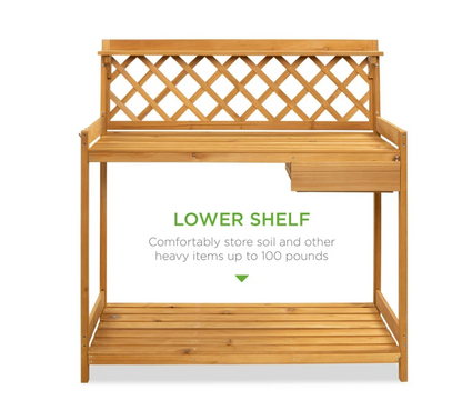 Best Choice Products Outdoor Wooden Garden Potting Bench, Workstation Table w/ Cabinet Drawer, Open Shelf - Natural