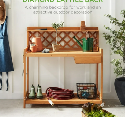 Best Choice Products Outdoor Wooden Garden Potting Bench, Workstation Table w/ Cabinet Drawer, Open Shelf - Natural