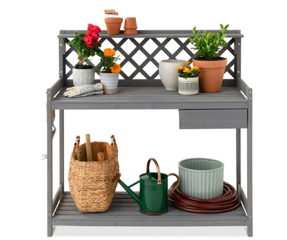 Best Choice Products Outdoor Wooden Garden Potting Bench, Workstation Table w/ Cabinet Drawer, Open Shelf - Natural