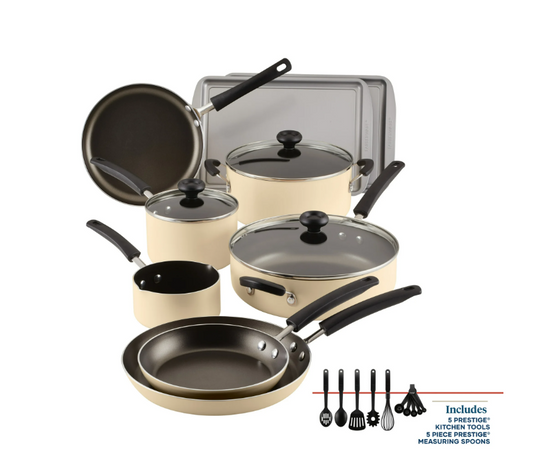 Farberware Easy Clean 22 Piece Nonstick Aluminum Cookware Set, Almond