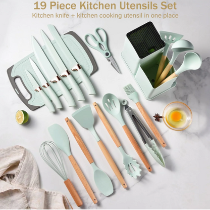 ACMETOP 19 Pieces Kitchen Utensils Set-11 Silicone Cooking Utensils Set, 6 Stainless Steel Sharp Knife set, 2 Cutting Board and Holder