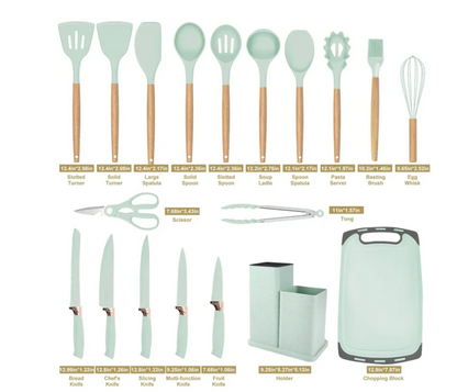 ACMETOP 19 Pieces Kitchen Utensils Set-11 Silicone Cooking Utensils Set, 6 Stainless Steel Sharp Knife set, 2 Cutting Board and Holder