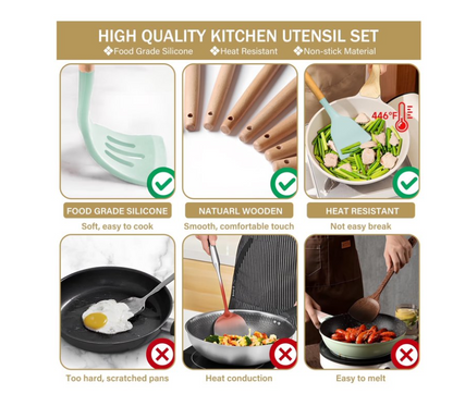 ACMETOP 19 Pieces Kitchen Utensils Set-11 Silicone Cooking Utensils Set, 6 Stainless Steel Sharp Knife set, 2 Cutting Board and Holder