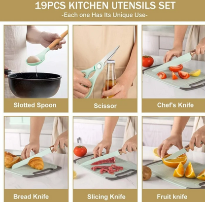 ACMETOP 19 Pieces Kitchen Utensils Set-11 Silicone Cooking Utensils Set, 6 Stainless Steel Sharp Knife set, 2 Cutting Board and Holder
