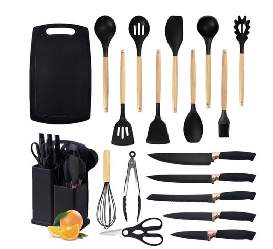 ACMETOP 19 Pieces Kitchen Utensils Set-11 Silicone Cooking Utensils Set, 6 Stainless Steel Sharp Knife set, 2 Cutting Board and Holder