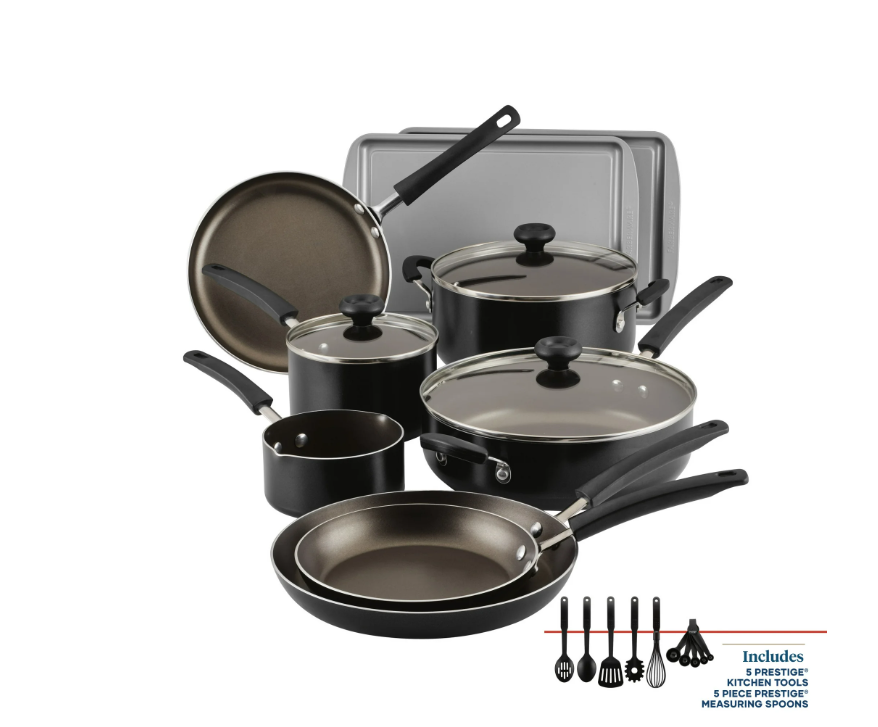 Farberware Easy Clean 22 Piece Nonstick Aluminum Cookware Set, Almond